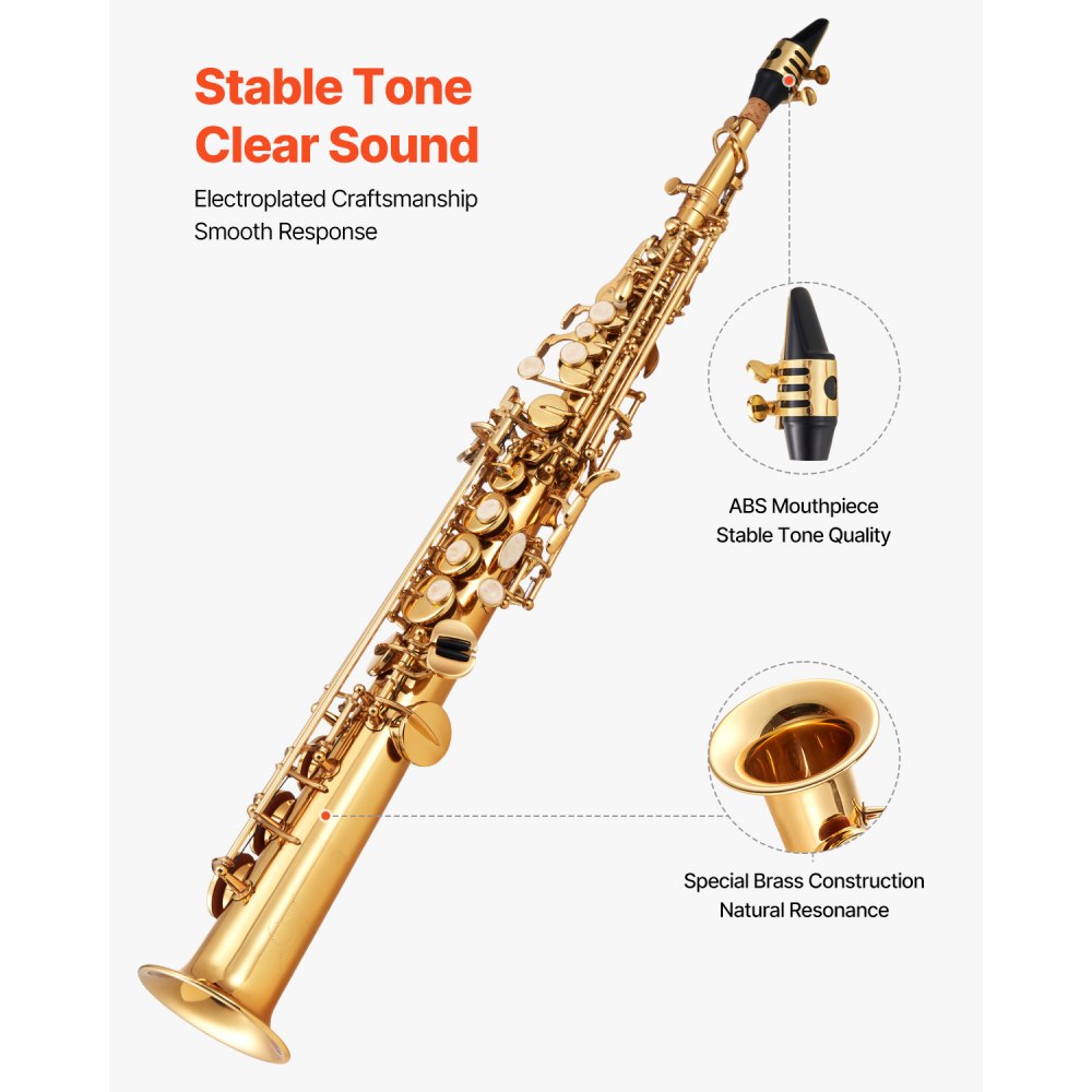 VEVOR Straight Soprano Saxophone, B Flat, Brass Saxophone Beginner Kit with Carrying Case, Mouthpiece, Cleaning Cloth Rod, Gloves, Neck Strap, 23 Keys Soprano Sax Kit, for Beginners Students, Gold