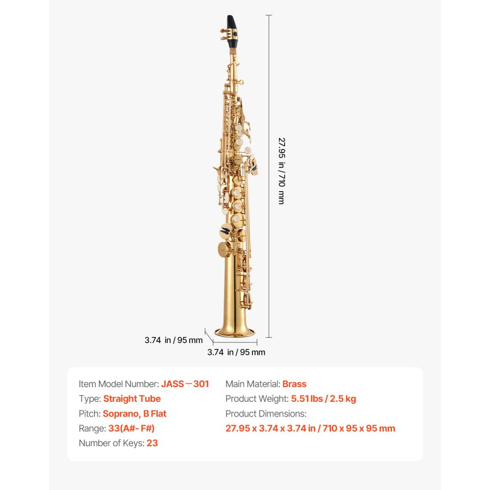 VEVOR Straight Soprano Saxophone, B Flat, Brass Saxophone Beginner Kit with Carrying Case, Mouthpiece, Cleaning Cloth Rod, Gloves, Neck Strap, 23 Keys Soprano Sax Kit, for Beginners Students, Gold