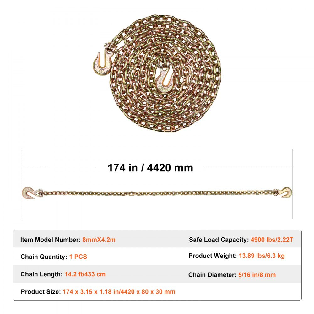 VEVOR G80 Transport Binder Chain, 5/16" x 14.2' Tow Chain with Clevis Grab Hooks, 4900 lbs Safe Working Load, Heavy Duty Trailer Logging Chain for Transporting Towing Truck Tie Down Binding Equipment