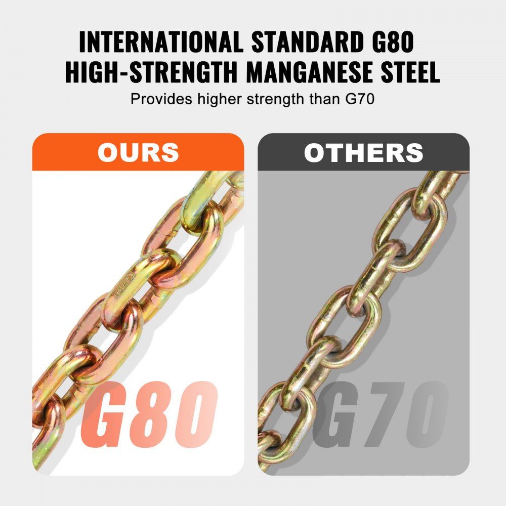 VEVOR G80 Transport Binder Chain, 5/16" x 10.3' Tow Chain with Clevis Grab Hooks, 4900 lbs Safe Working Load, Heavy Duty Trailer Logging Chain for Transporting Towing Truck Tie Down Binding Equipment