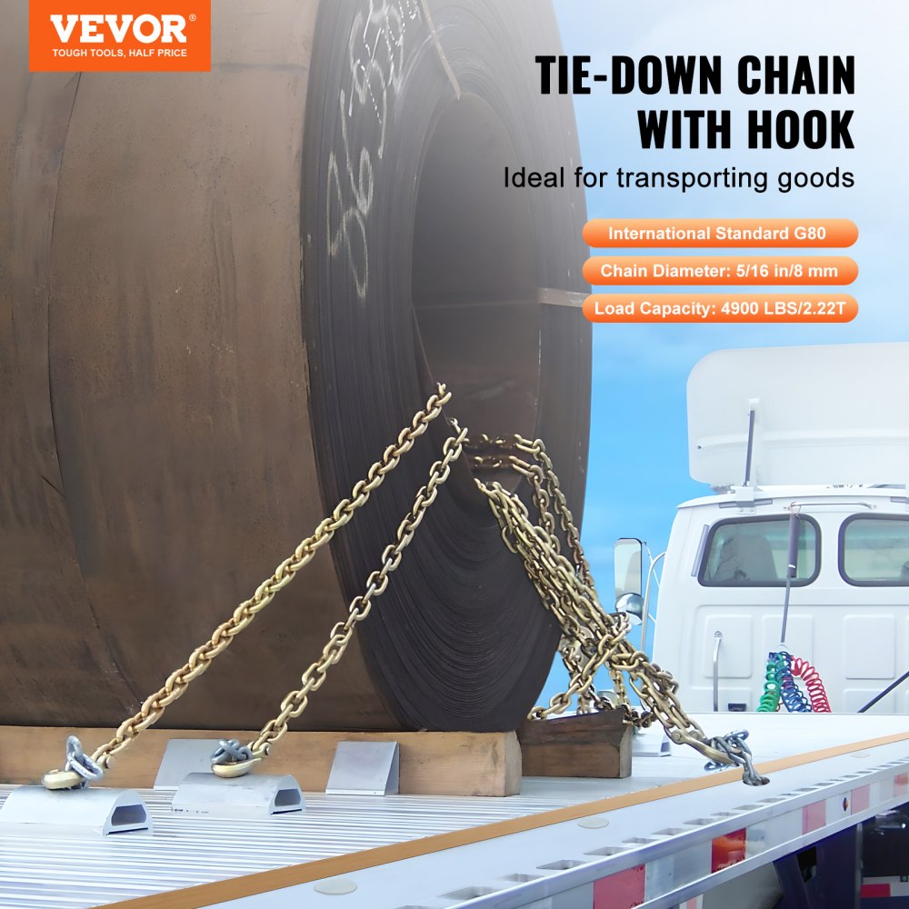 VEVOR G80 Transport Binder Chain, 5/16" x 9.84' 2-Pack Tow Chain with Clevis Grab Hooks, 4900 lbs Safe Working Load, Heavy Duty Logging Chain for Transporting Towing Truck Tie Down Binding Equipment