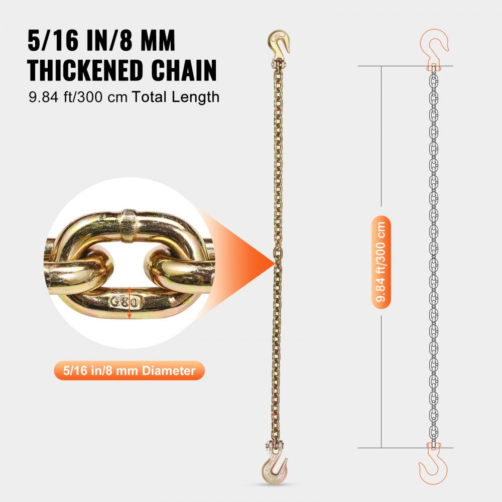 VEVOR G80 Transport Binder Chain, 5/16" x 9.84' 2-Pack Tow Chain with Clevis Grab Hooks, 4900 lbs Safe Working Load, Heavy Duty Logging Chain for Transporting Towing Truck Tie Down Binding Equipment