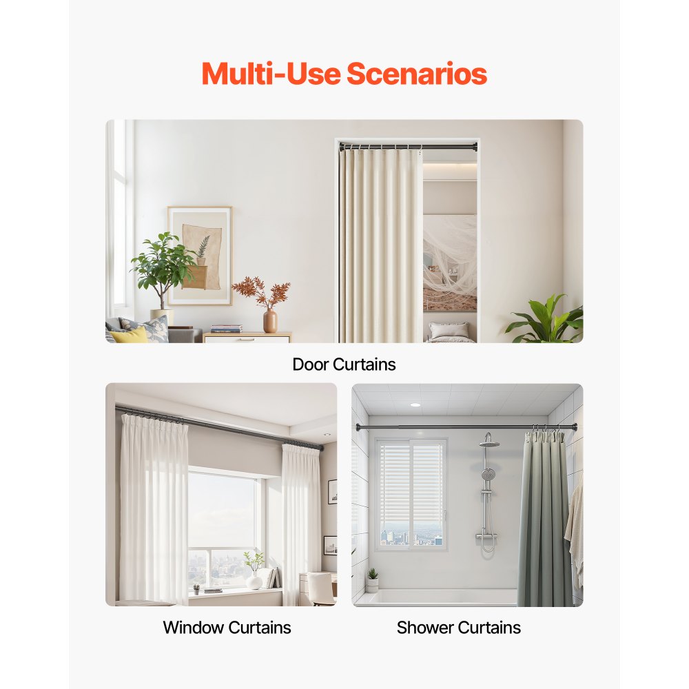 VEVOR Shower Curtain Rod, 28-76 Inches, 1 Inch Diameter, Adjustable Spring Tension Stainless Steel Telescoping Rod with Holders, No Drilling Non-Slip for Bathroom, Closet, Window, Room Divider, Black