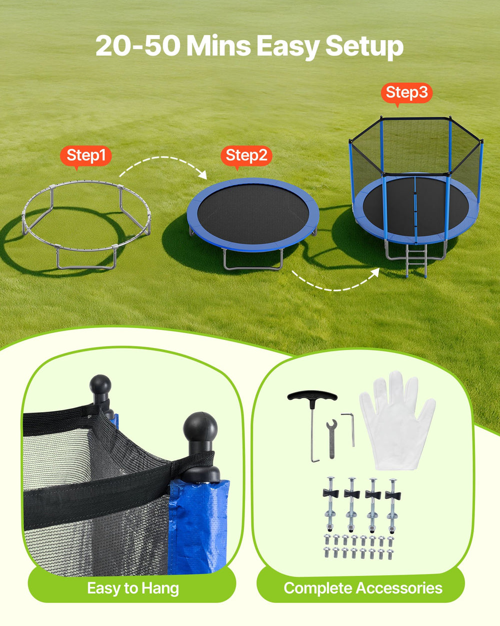 20-50 mins easy setup - easy to hang and complete accessories