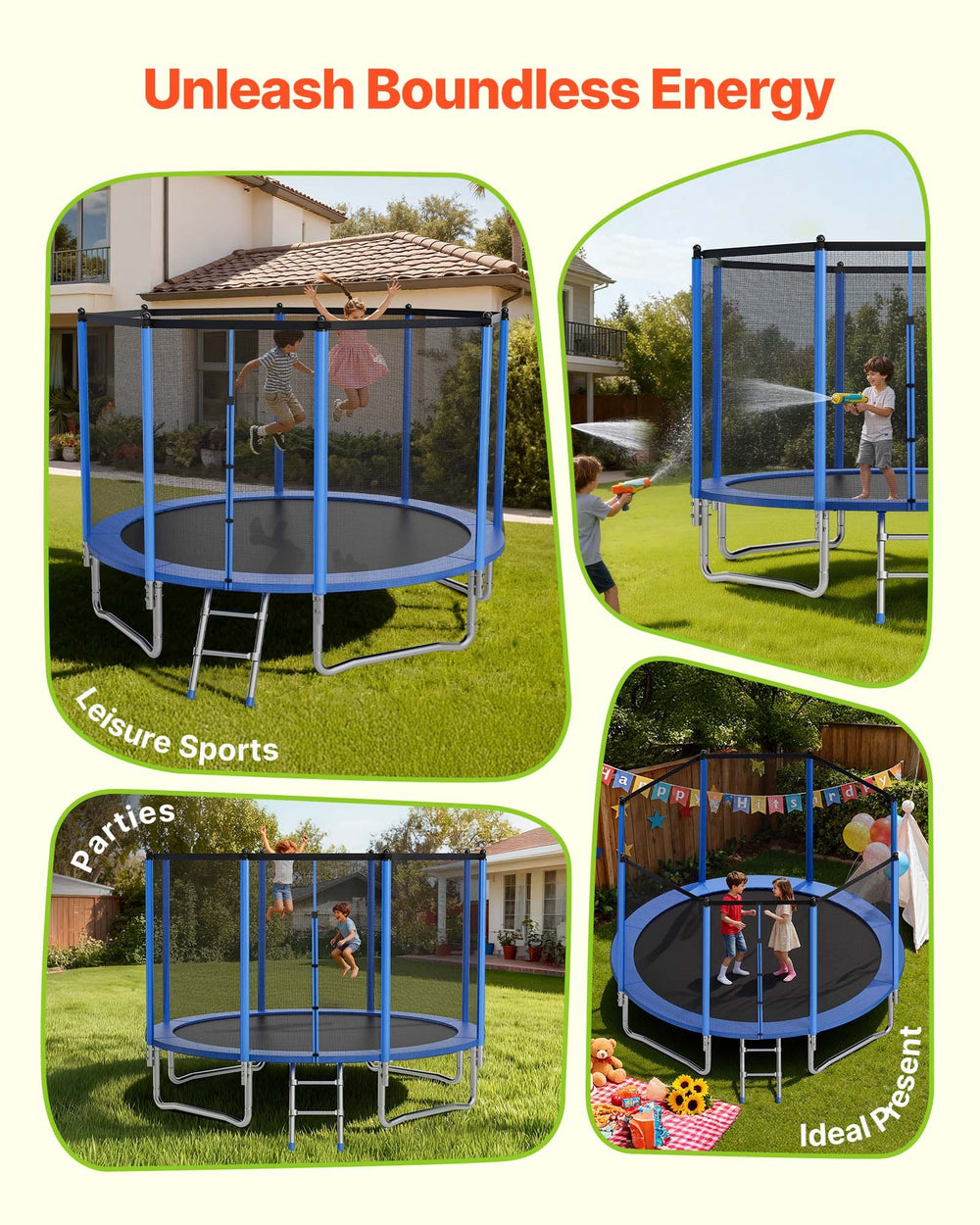 VEVOR Outdoor Trampoline - unleash boundless energy usage scenes feature graphic