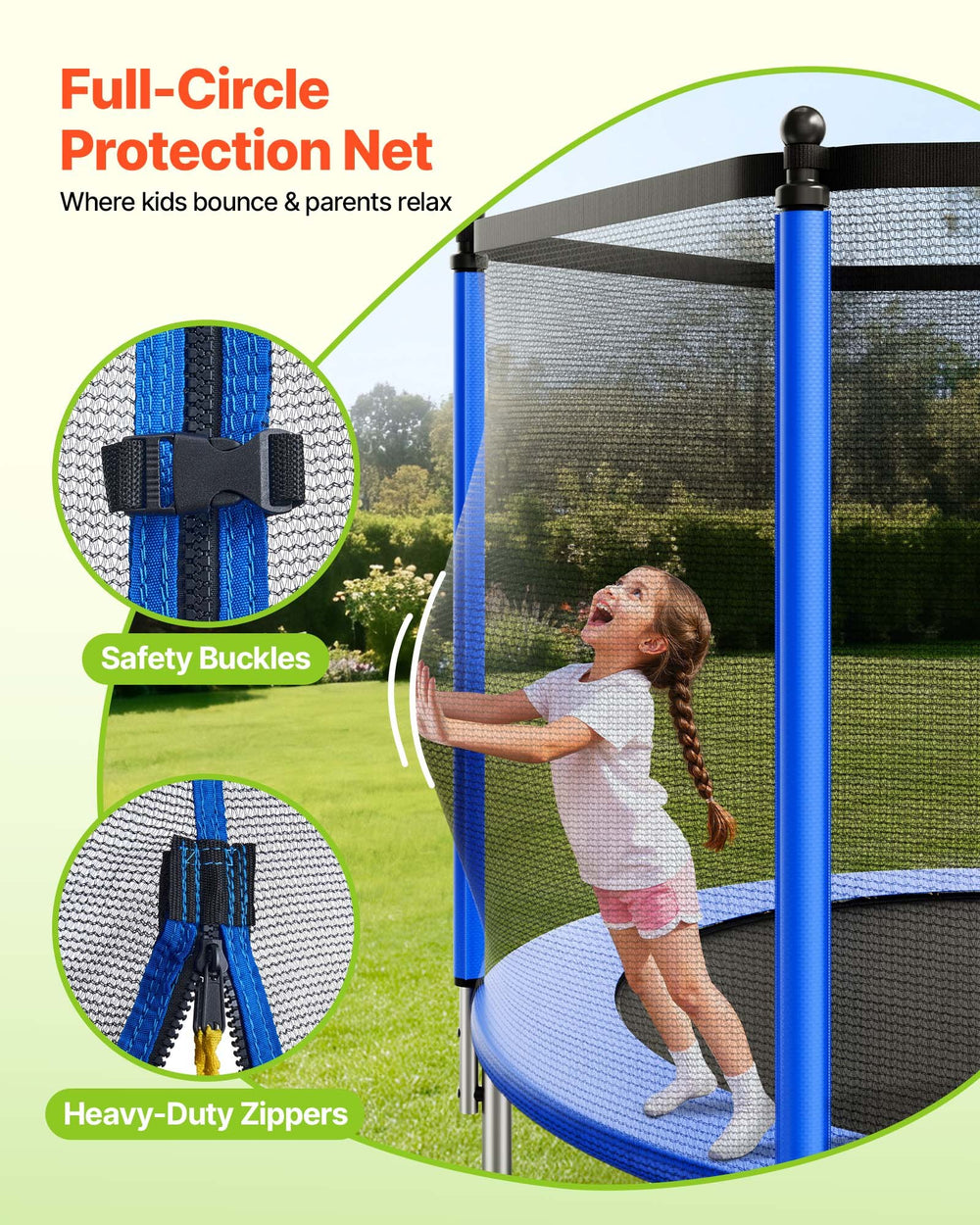 Full-circle protection net with safety buckles and heavy-duty zippers