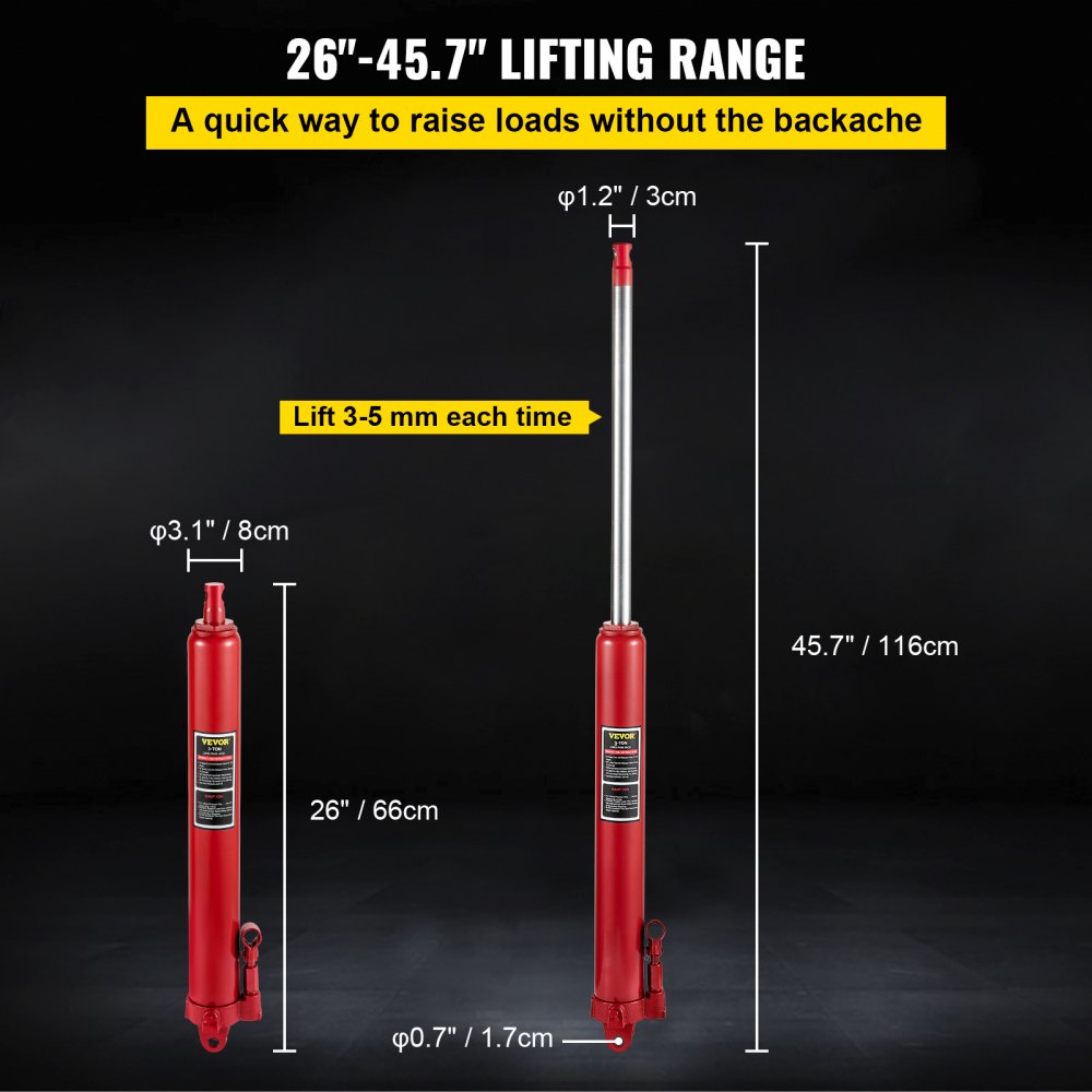 VEVOR Hydraulic Long Ram Jack, 3 Tons/6600 lbs Capacity, with Single Piston Pump and Clevis Base, Manual Cherry Picker with Handle, for Garage/Shop Cranes, Engine Lift Hoist, Red