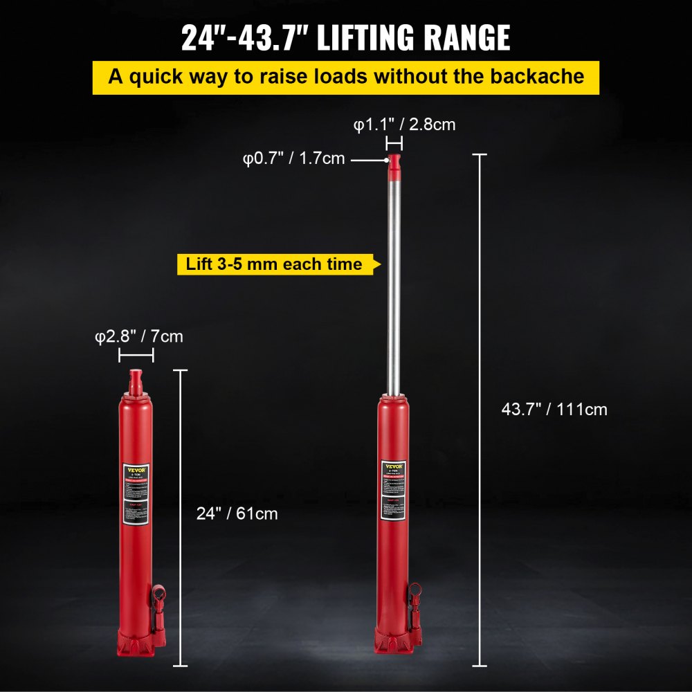VEVOR Hydraulic Long Ram Jack, 4 Tons/8818 lbs Capacity, with Single Piston Pump and Flat Base, Manual Cherry Picker with Handle, for Garage/Shop Cranes, Engine Lift Hoist, Red