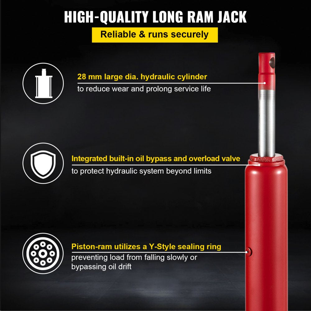 VEVOR Hydraulic Long Ram Jack, 8 Tons/17363 lbs Capacity, with Single Piston Pump and Clevis Base, Manual Cherry Picker with Handle, for Garage/Shop Cranes, Engine Lift Hoist, Red