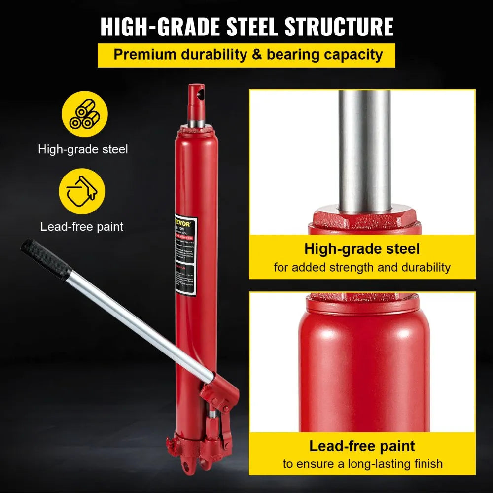 VEVOR Hydraulic Long Ram Jack, 8 Tons/17363 lbs Capacity, with Single Piston Pump and Clevis Base, Manual Cherry Picker with Handle, for Garage/Shop Cranes, Engine Lift Hoist, Red