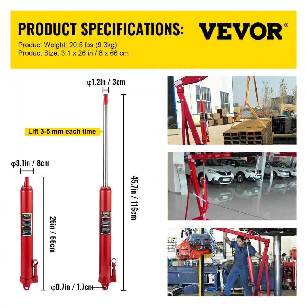 VEVOR Hydraulic Long Ram Jack, 8 Tons/17363 lbs Capacity, with Single Piston Pump and Clevis Base, Manual Cherry Picker with Handle, for Garage/Shop Cranes, Engine Lift Hoist, Red