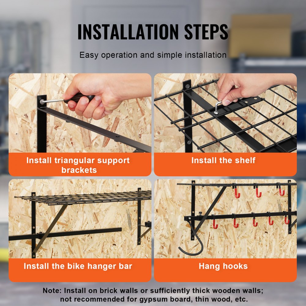 VEVOR Bike Storage Rack, 4 Bike Racks, Wall Mount Bike Storage Hanger with 2 Shelves, Home and Garage Organizer, Customizable for Various Bike Sizes, Adjustable Holder, Holds Up to 500 lbs, 63-inch