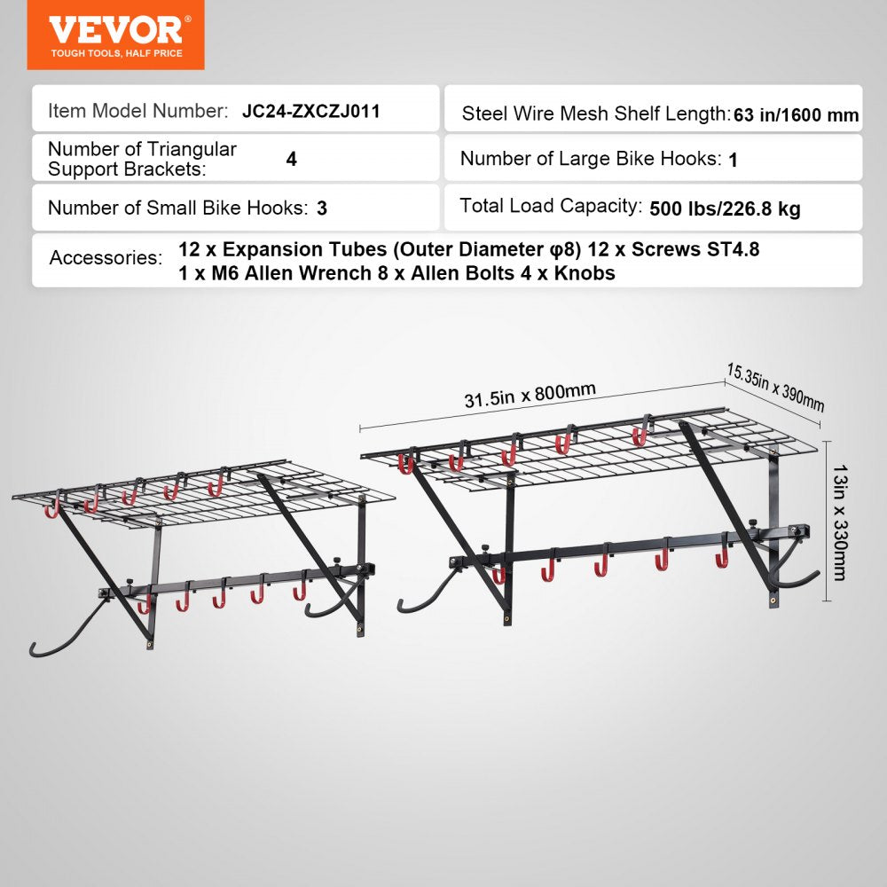 VEVOR Bike Storage Rack, 4 Bike Racks, Wall Mount Bike Storage Hanger with 2 Shelves, Home and Garage Organizer, Customizable for Various Bike Sizes, Adjustable Holder, Holds Up to 500 lbs, 63-inch