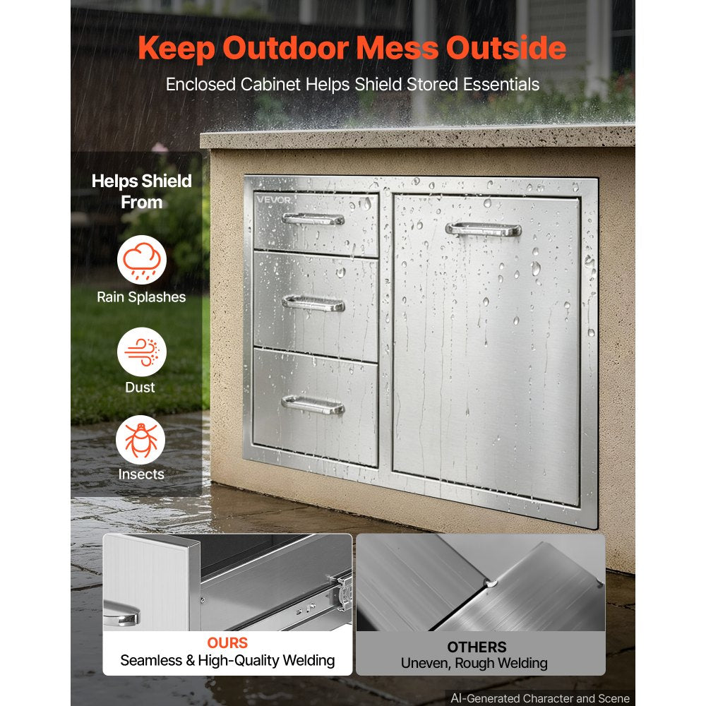 VEVOR Outdoor Kitchen Drawer Combo, 20"W x 20"H x 28"D, Dual Trash Bins, for BBQ Island Storage, Patio Bars and Grill Station, with Handle, Built-In BBQ Island Drawers Organize Cookware Accessories