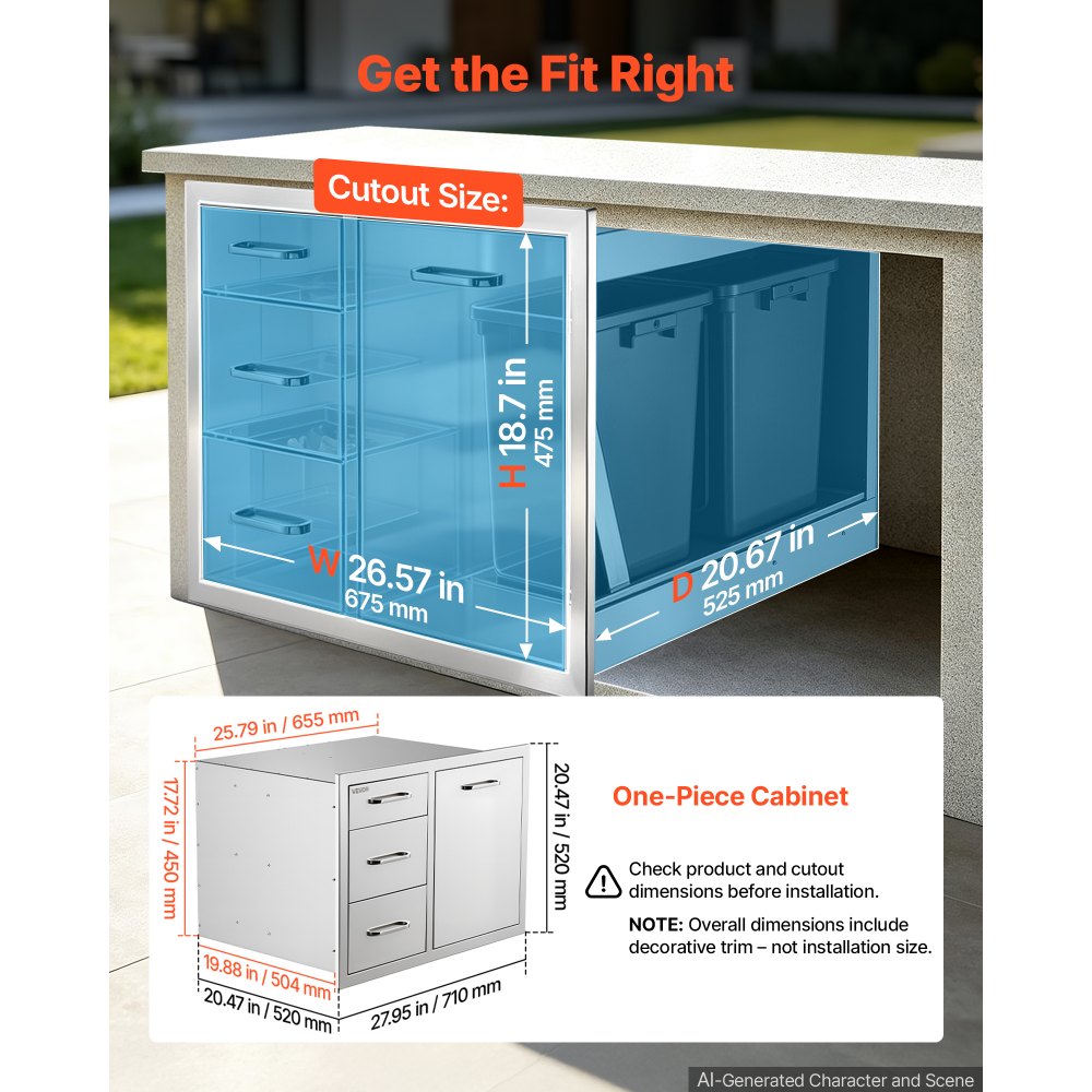 VEVOR Outdoor Kitchen Drawer Combo, 20"W x 20"H x 28"D, Dual Trash Bins, for BBQ Island Storage, Patio Bars and Grill Station, with Handle, Built-In BBQ Island Drawers Organize Cookware Accessories