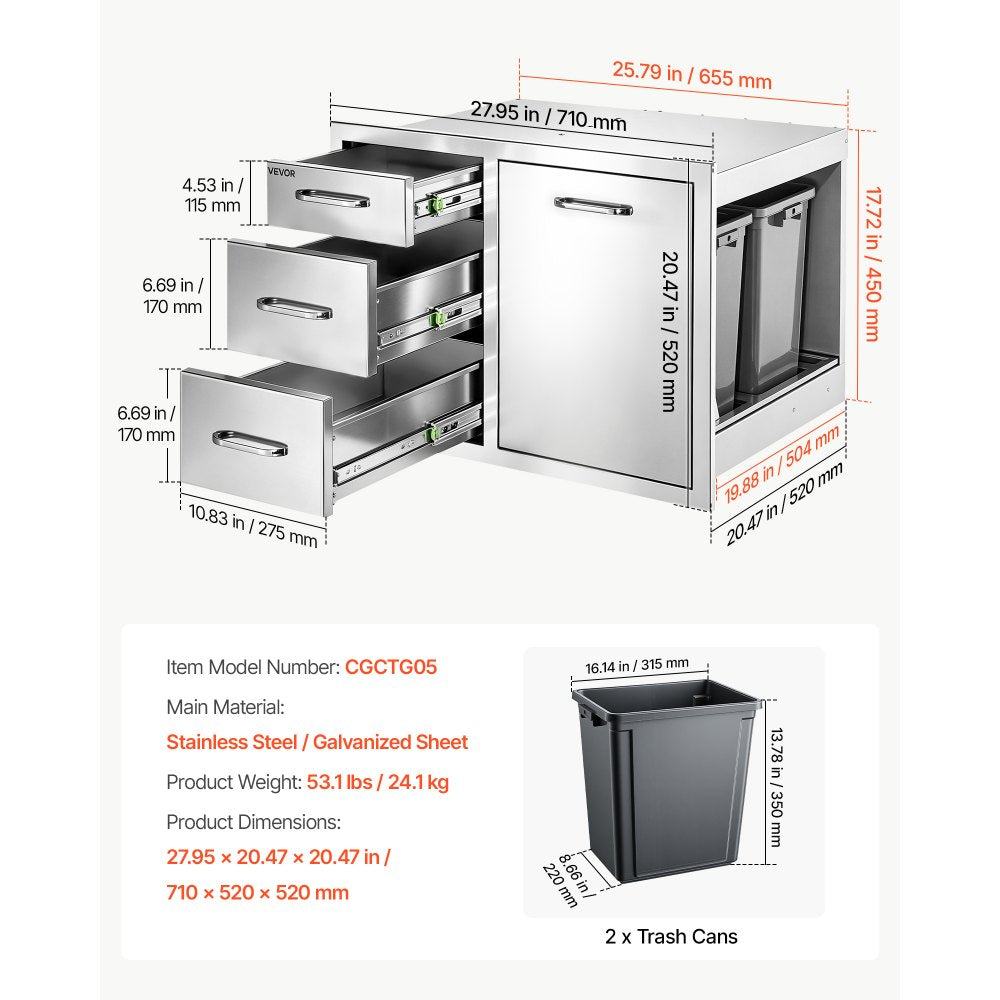 VEVOR Outdoor Kitchen Drawer Combo, 20"W x 20"H x 28"D, Dual Trash Bins, for BBQ Island Storage, Patio Bars and Grill Station, with Handle, Built-In BBQ Island Drawers Organize Cookware Accessories