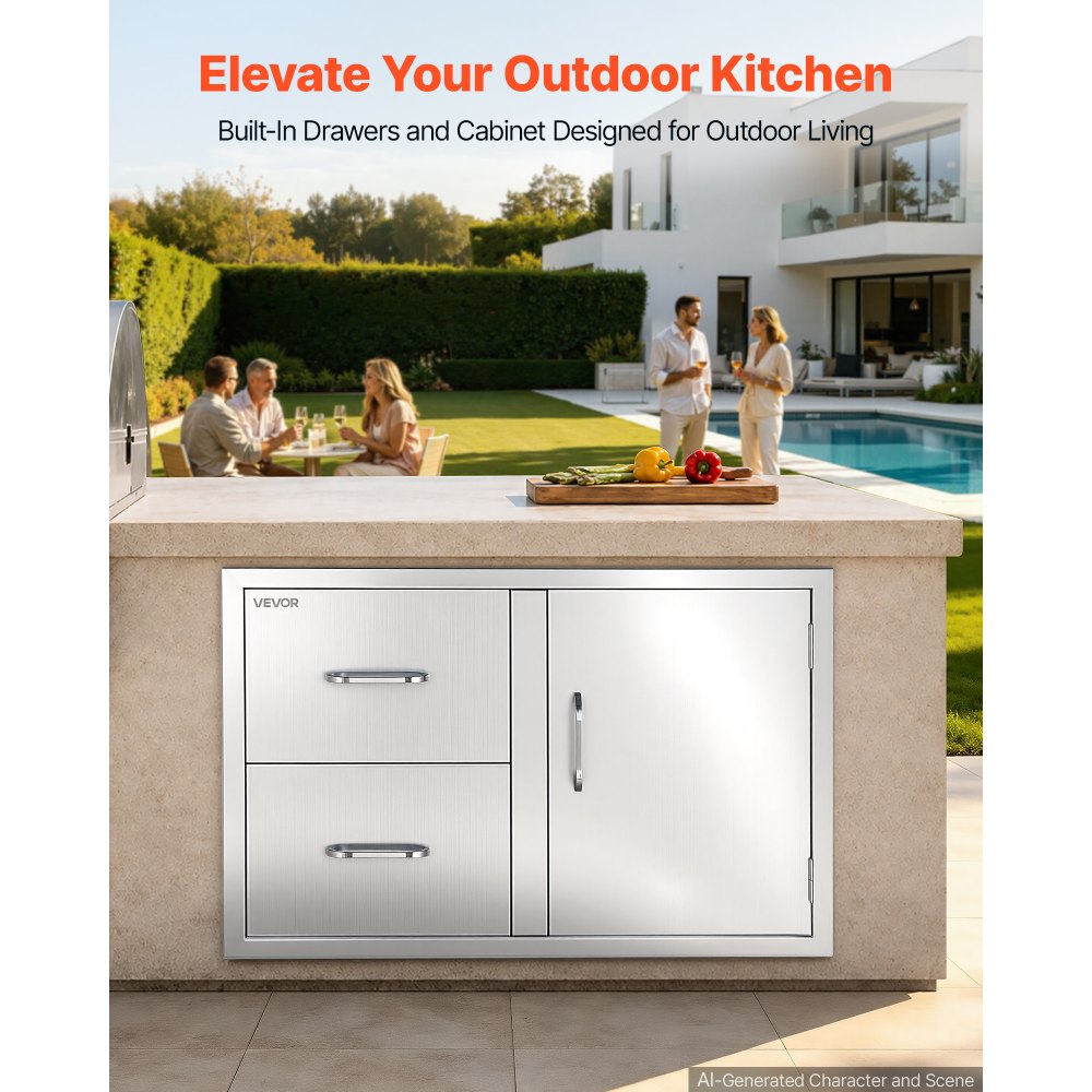 VEVOR Outdoor Kitchen Drawer Combo, 32"W x 22"H x 20"D, 2 Drawers Storage, for BBQ Island Storage, Patio Bars and Grill Station, with Handle, Built-In BBQ Island Drawers Organize Cookware Accessories