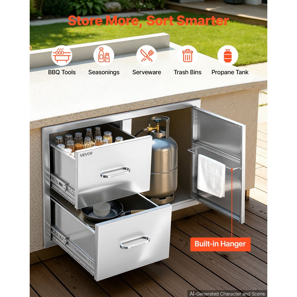 VEVOR Outdoor Kitchen Drawer Combo, 32"W x 22"H x 20"D, 2 Drawers Storage, for BBQ Island Storage, Patio Bars and Grill Station, with Handle, Built-In BBQ Island Drawers Organize Cookware Accessories