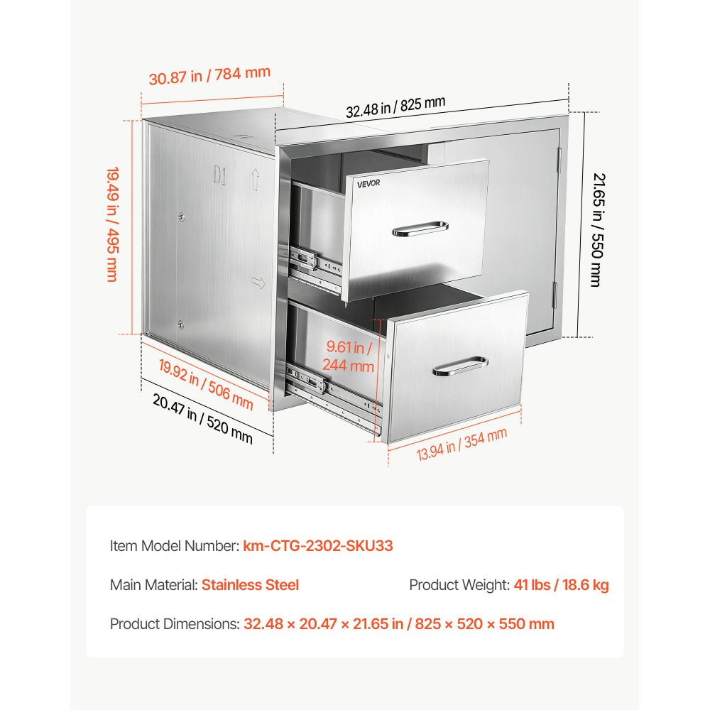 VEVOR Outdoor Kitchen Drawer Combo, 32"W x 22"H x 20"D, 2 Drawers Storage, for BBQ Island Storage, Patio Bars and Grill Station, with Handle, Built-In BBQ Island Drawers Organize Cookware Accessories