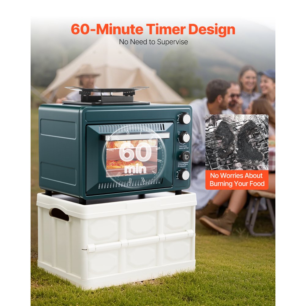 VEVOR Outdoor Oven, 2-in-1 Portable Gas Camping Stove Oven Combo, Adjustable Fire, 60-Minute Timer, Windproof, with Grill Shelf and Roasting Tray, for Camping Gear Backyard Picnic Outdoor Cooking