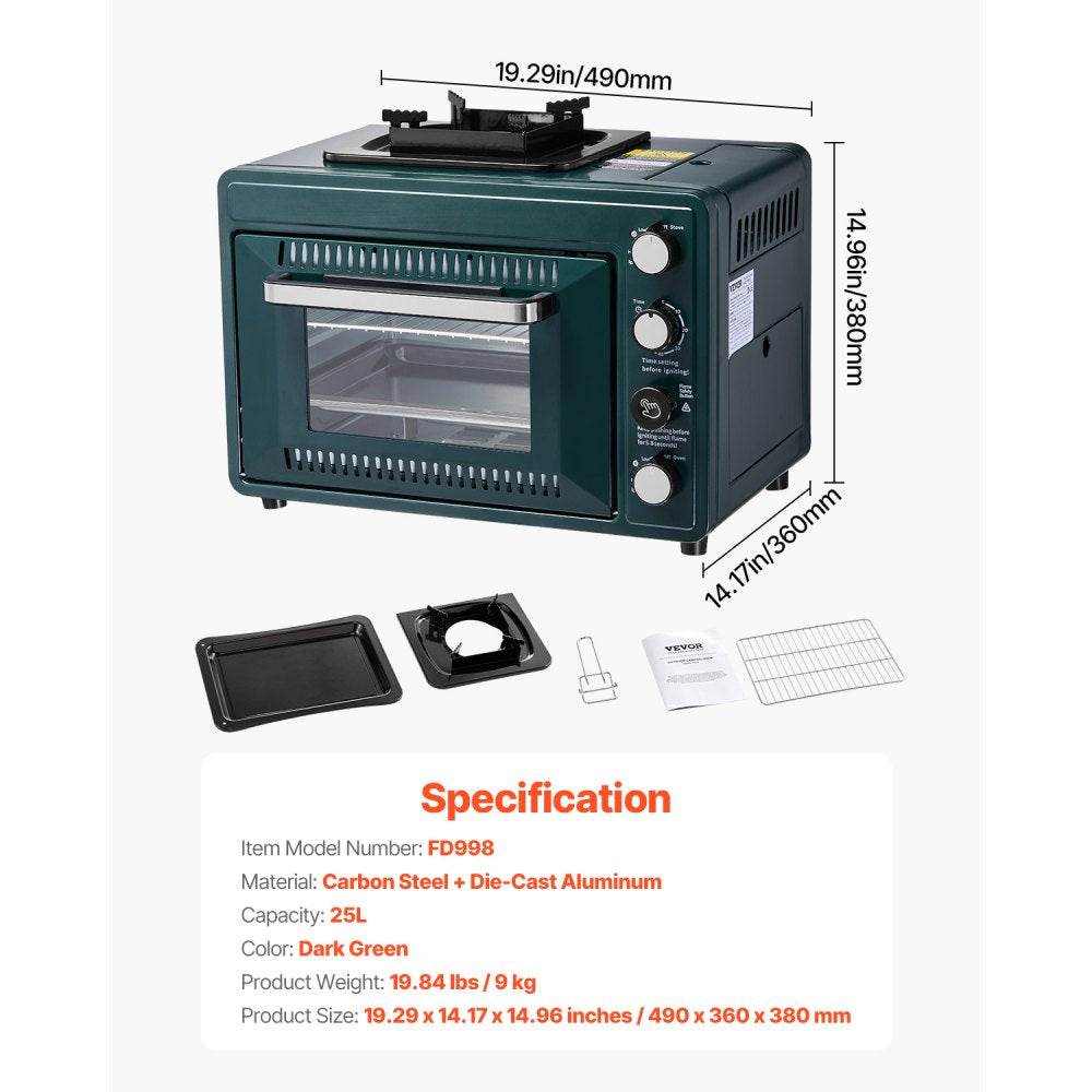 VEVOR Outdoor Oven, 2-in-1 Portable Gas Camping Stove Oven Combo, Adjustable Fire, 60-Minute Timer, Windproof, with Grill Shelf and Roasting Tray, for Camping Gear Backyard Picnic Outdoor Cooking