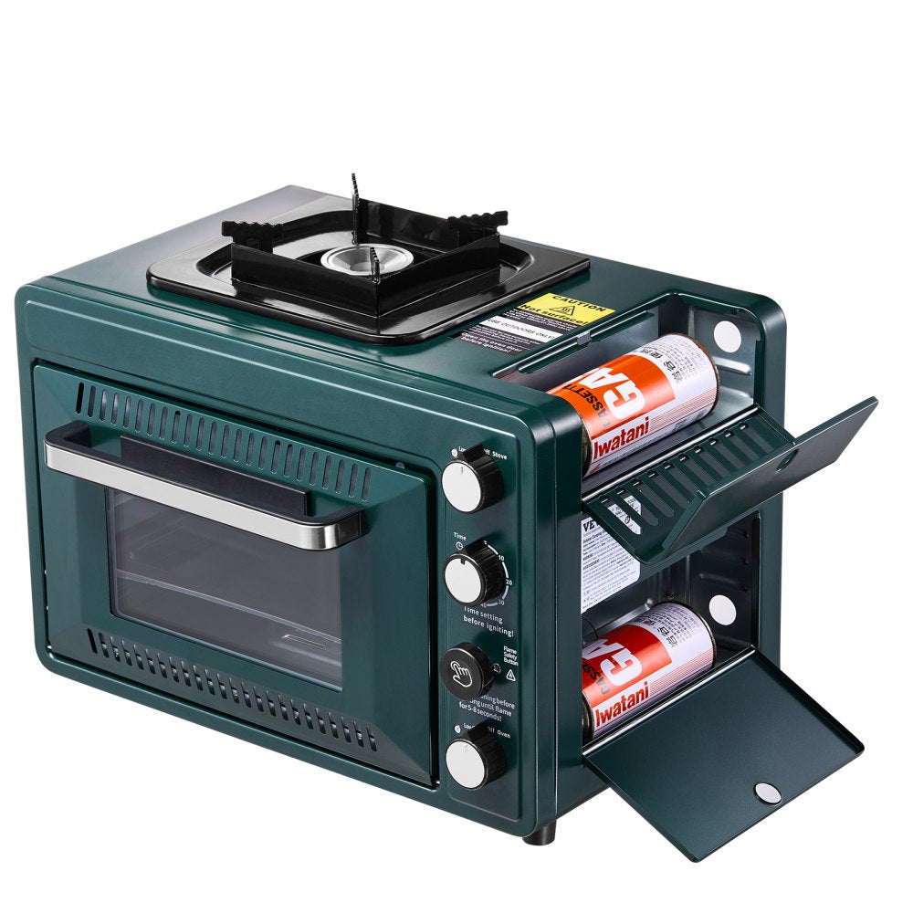 VEVOR Outdoor Oven, 2-in-1 Portable Gas Camping Stove Oven Combo, Adjustable Fire, 60-Minute Timer, Windproof, with Grill Shelf and Roasting Tray, for Camping Gear Backyard Picnic Outdoor Cooking