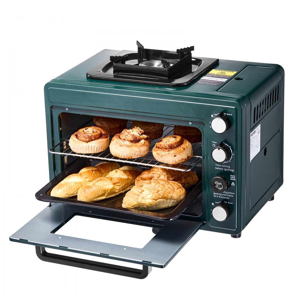 VEVOR Outdoor Oven, 2-in-1 Portable Gas Camping Stove Oven Combo, Adjustable Fire, 60-Minute Timer, Windproof, with Grill Shelf and Roasting Tray, for Camping Gear Backyard Picnic Outdoor Cooking