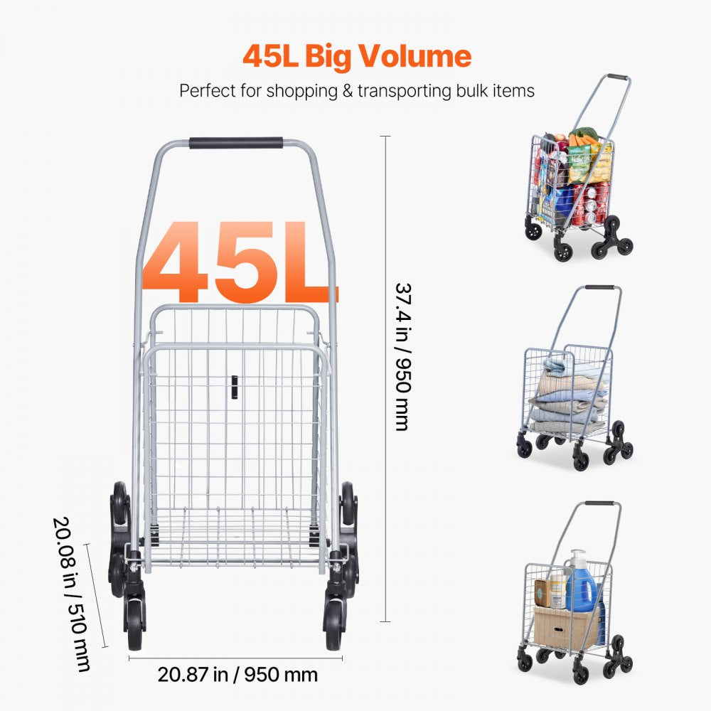 VEVOR Grocery Shopping Cart, 45L Stair Climbing Shopping Cart with 360° Rolling Swivel Wheels, Stair Climber Utility Cart with Tri-Wheels, Foldable Collapsible & Lightweight for Laundry Travel, Silver