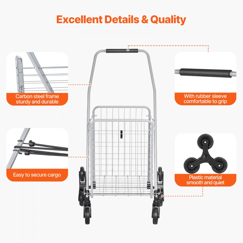 VEVOR Grocery Shopping Cart, 45L Stair Climbing Shopping Cart with 360° Rolling Swivel Wheels, Stair Climber Utility Cart with Tri-Wheels, Foldable Collapsible & Lightweight for Laundry Travel, Silver