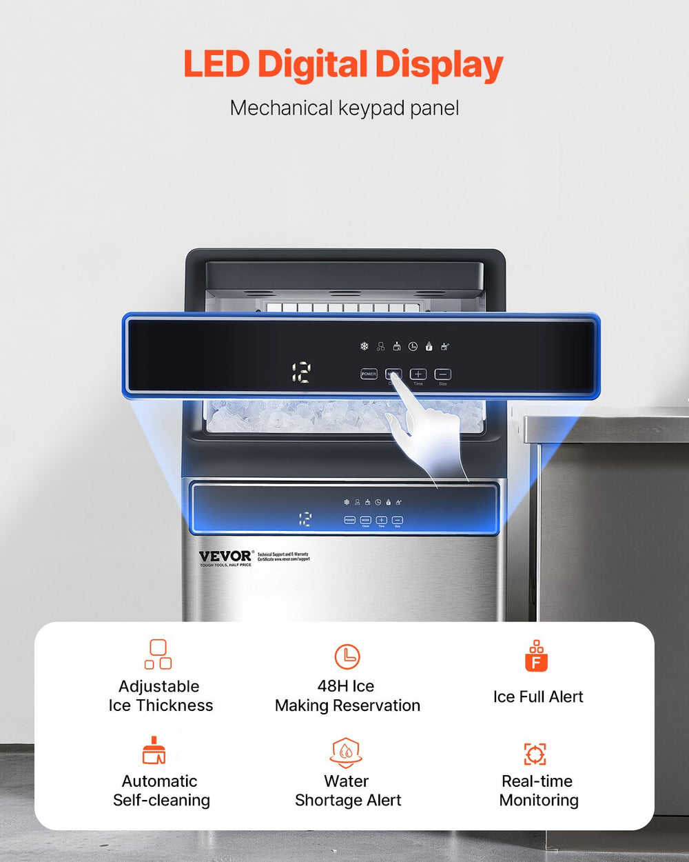 VEVOR commercial ice maker LED digital display features and alerts