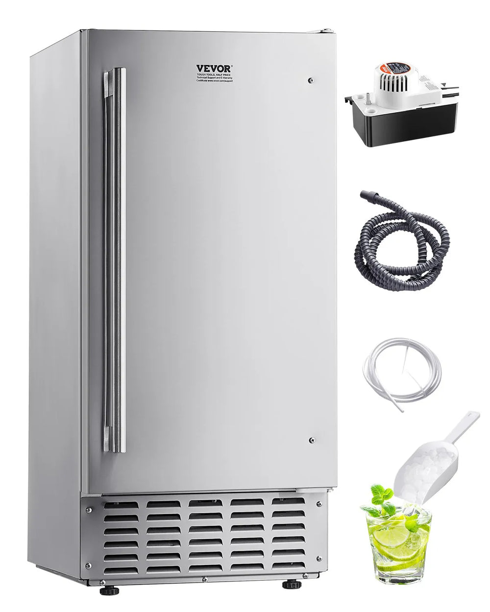 VEVOR Undercounter Built-in Ice Maker, 66 Lbs/Day Under Counter Nugget Ice Maker Machine with Reversible Door Stainless Steel, Freestanding Ice Maker for Commercial Home Kitchen, Electric Drainage