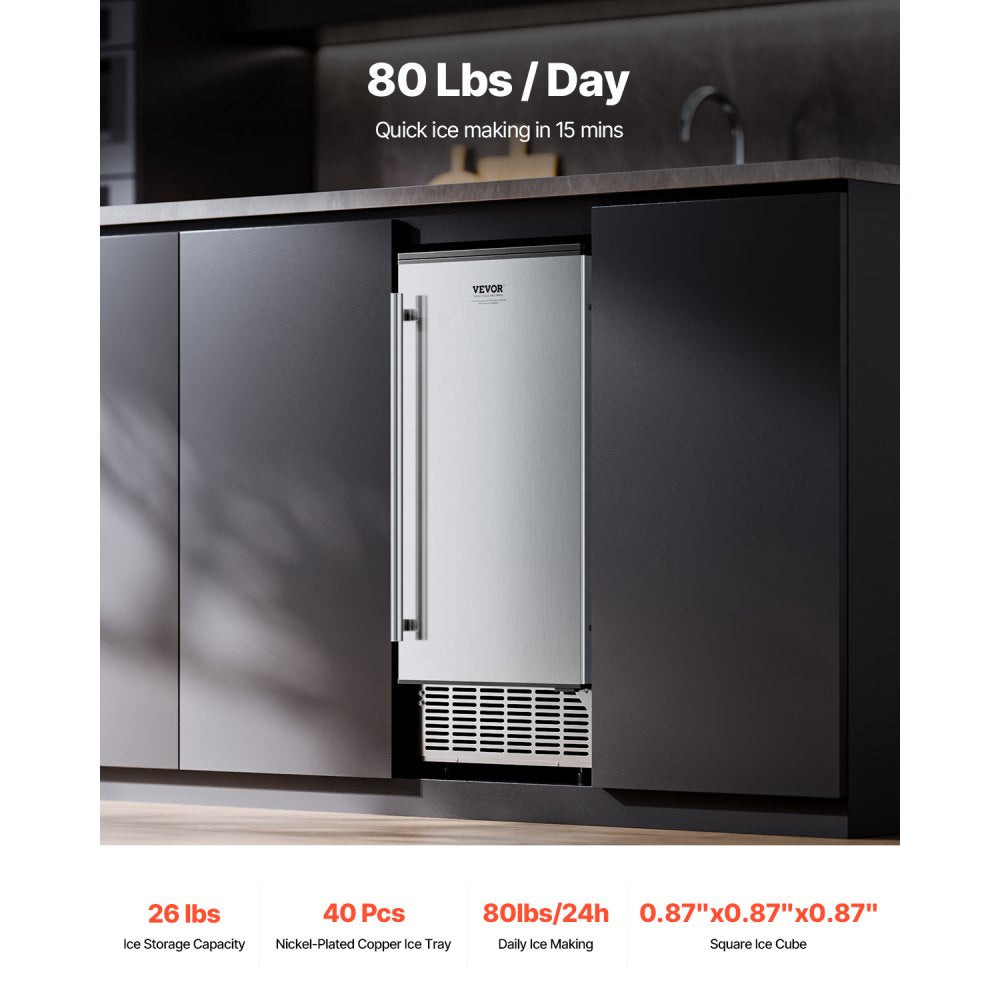 VEVOR Undercounter Built-in Ice Maker, 80 Lbs/Day Under Counter Ice Maker Machine with Reversible Door Stainless Steel, Freestanding Ice Maker for Commercial Home Kitchen, Electric Drainage