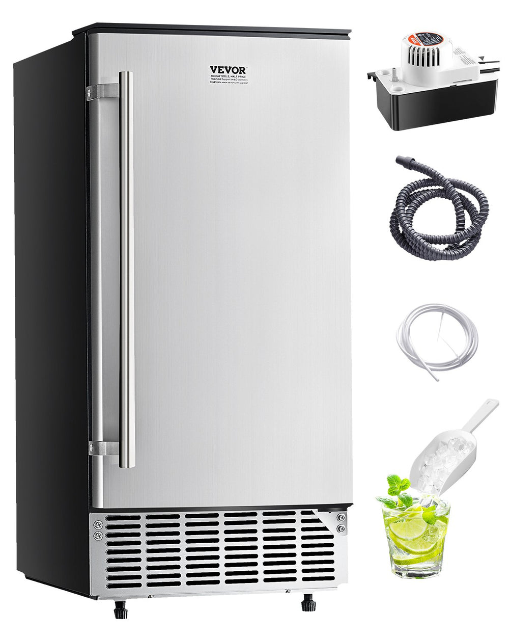 VEVOR Undercounter Built-in Ice Maker, 80 Lbs/Day Under Counter Ice Maker Machine with Reversible Door Stainless Steel, Freestanding Ice Maker for Commercial Home Kitchen, Electric Drainage