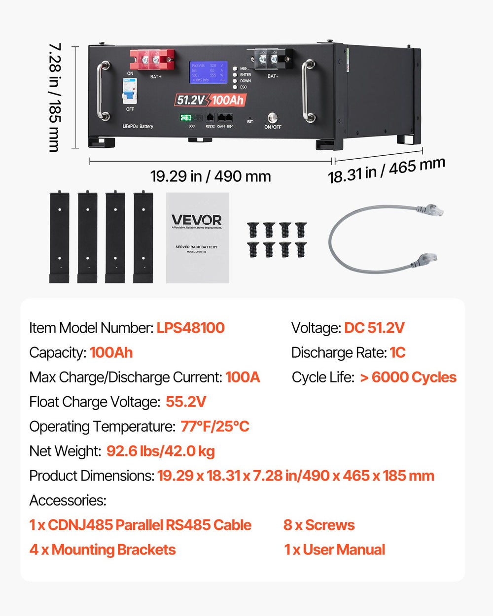 VEVOR 48V 200Ah LiFePO4 Lithium Battery, 2 Pack 100Ah, 10.24kWh Capacity, 51.2V Server Rack LiFePO4 Battery with Bluetooth, Max 6000 Cycles, LCD Display, for Off-Grid, Solar System, Backup Power