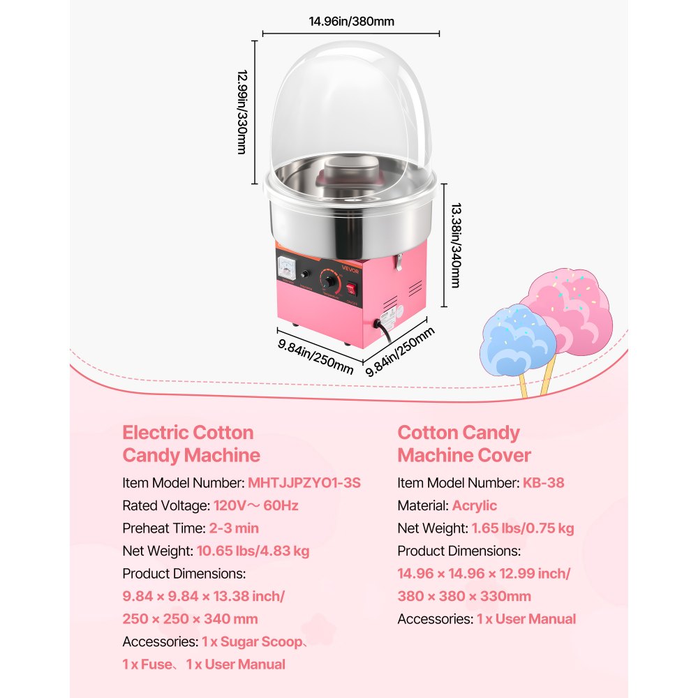 VEVOR Electric Cotton Candy Machine, 1000W Electric Floss Maker With Cover, Commercial Cotton Candy Machine w/Stainless Steel Bowl & Sugar Scoop, Ideal for Home, Carnival, Birthday, Family Party, Pink