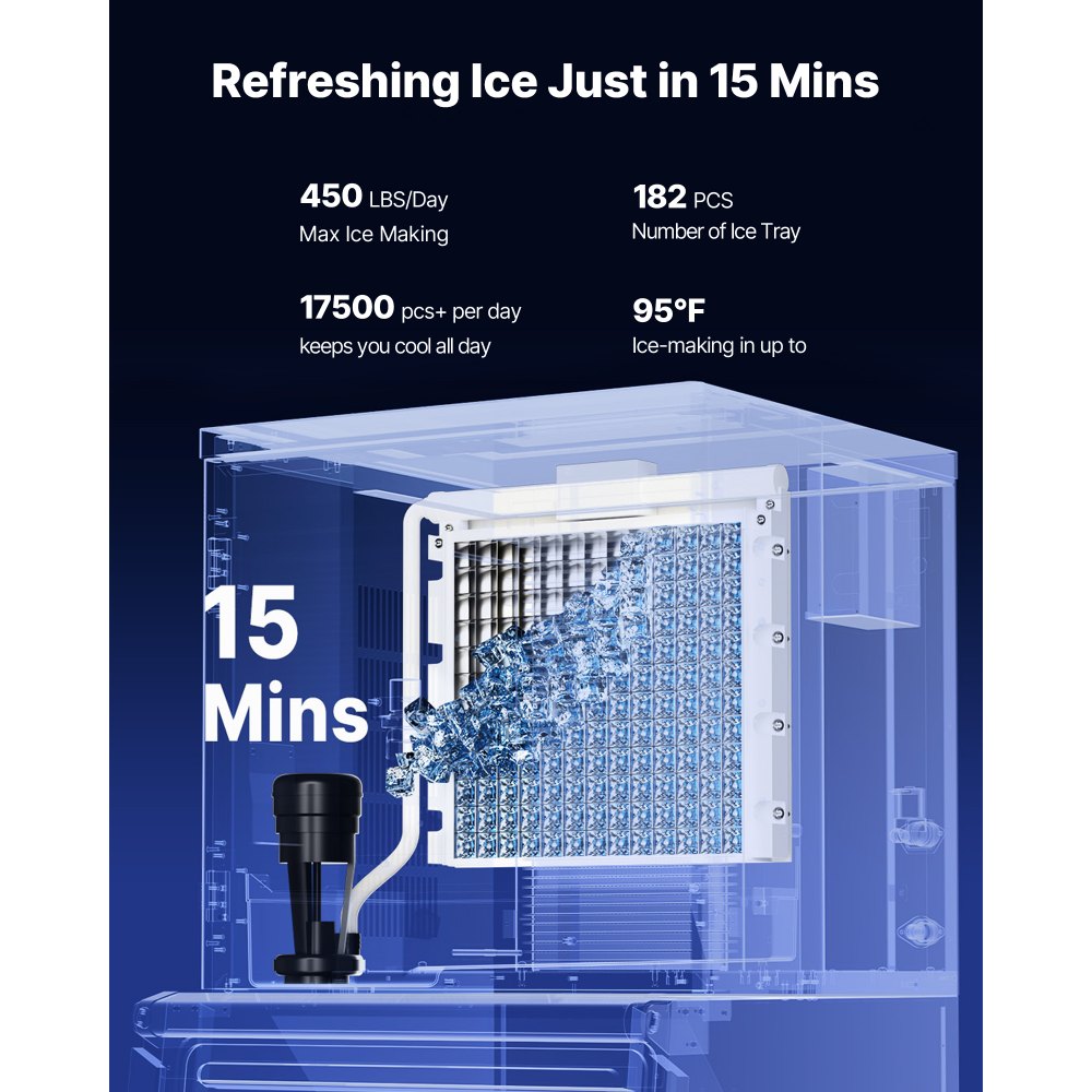 VEVOR Commercial Ice Maker, 450 Lbs/Day Ice-Making Machine, 180 Lbs Large Storage Bin with 20 Lbs/Min Automatic Ice-Dispensing, Self-Cleaning Ice Machine with Touchscreen for Bar, Cafe, Restaurant