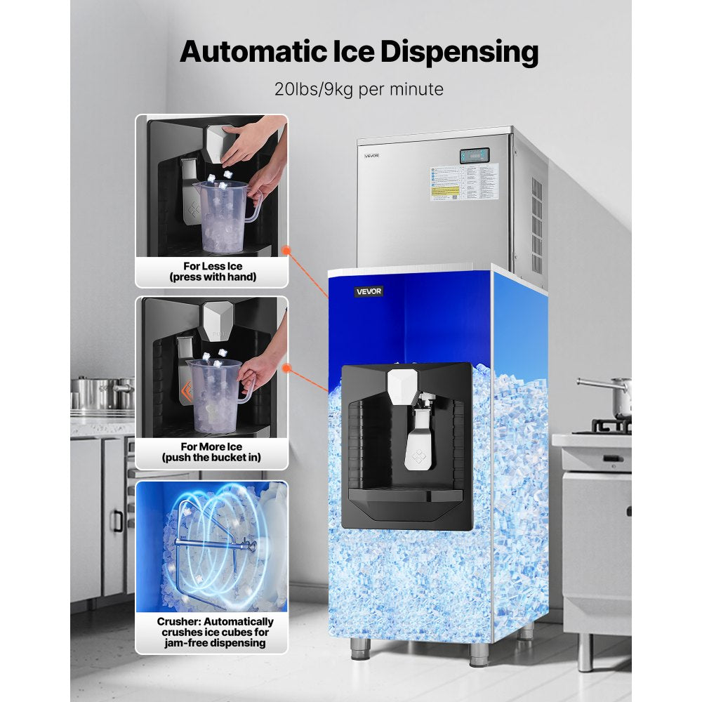 VEVOR Commercial Ice Maker, 450 Lbs/Day Ice-Making Machine, 180 Lbs Large Storage Bin with 20 Lbs/Min Automatic Ice-Dispensing, Self-Cleaning Ice Machine with Touchscreen for Bar, Cafe, Restaurant