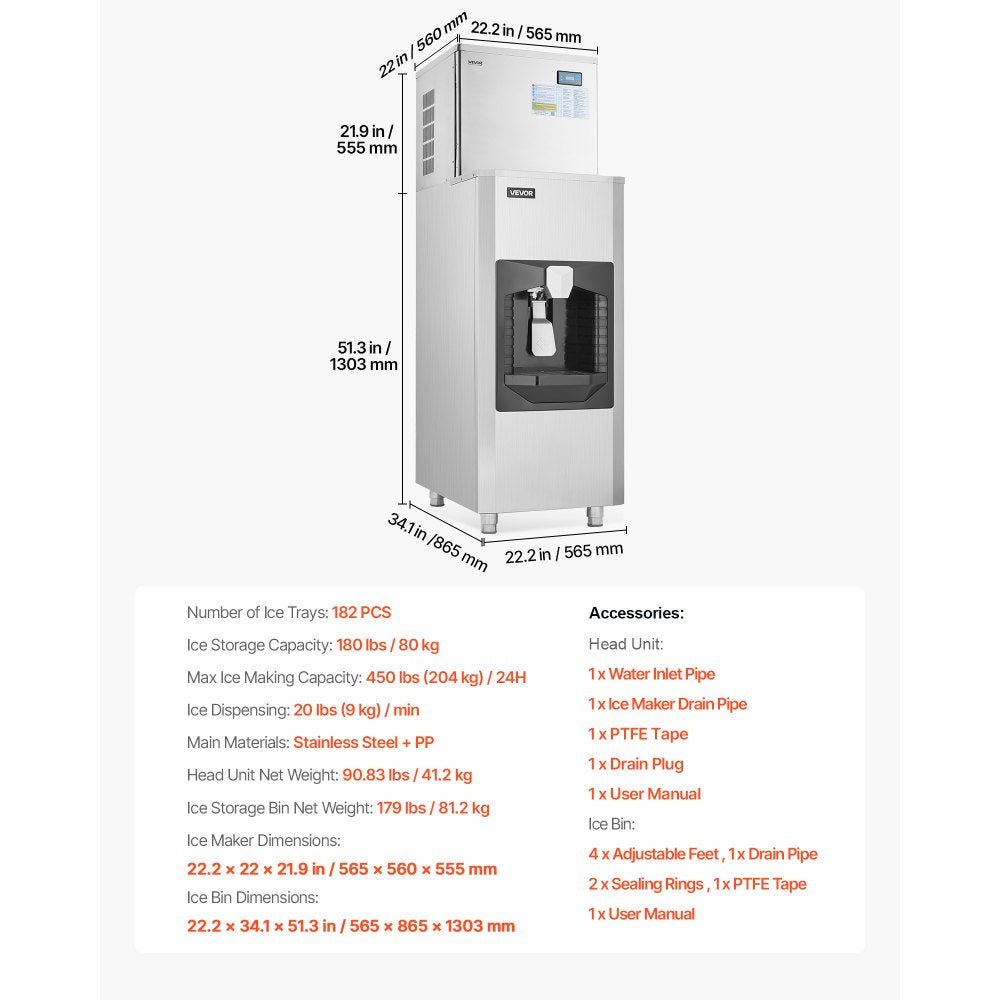 VEVOR Commercial Ice Maker, 450 Lbs/Day Ice-Making Machine, 180 Lbs Large Storage Bin with 20 Lbs/Min Automatic Ice-Dispensing, Self-Cleaning Ice Machine with Touchscreen for Bar, Cafe, Restaurant