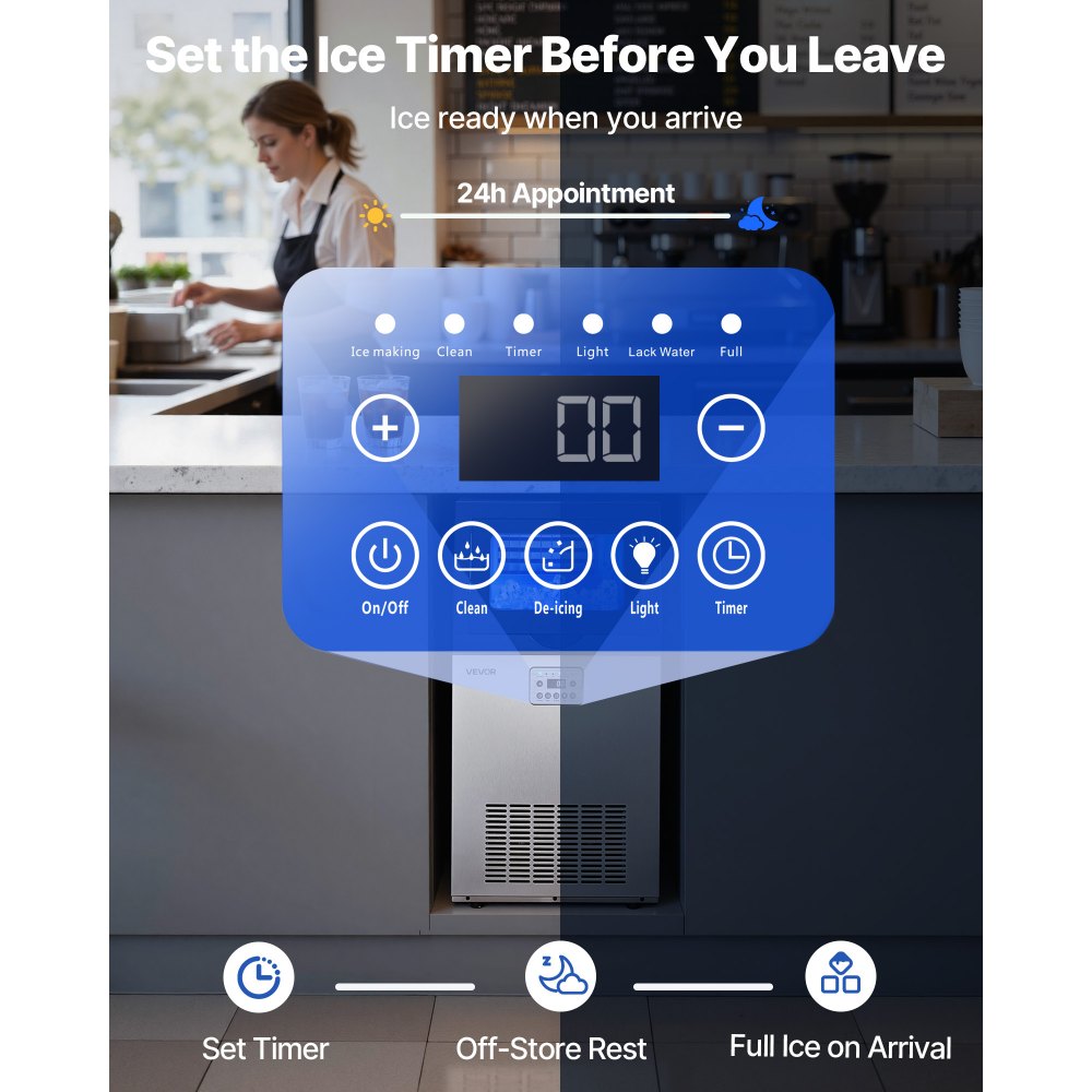 VEVOR Commercial Ice Maker Machine with Pump, 100 lbs/24h with 30 lbs Storage Capacity, Built-in/Freestanding/Under Counter, Stainless Steel Ice Maker with LED Display & Self-Cleaning, for Home Bar