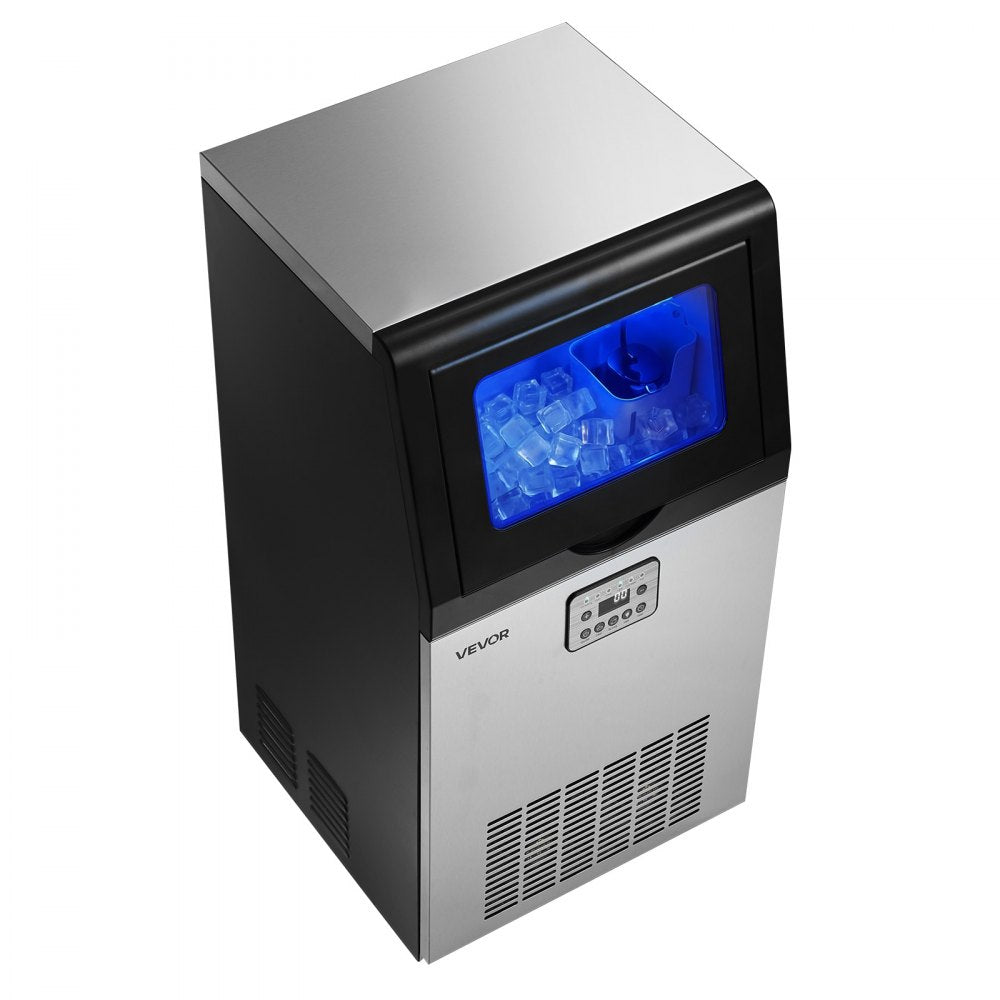 VEVOR Commercial Ice Maker Machine with Pump, 100 lbs/24h with 30 lbs Storage Capacity, Built-in/Freestanding/Under Counter, Stainless Steel Ice Maker with LED Display & Self-Cleaning, for Home Bar