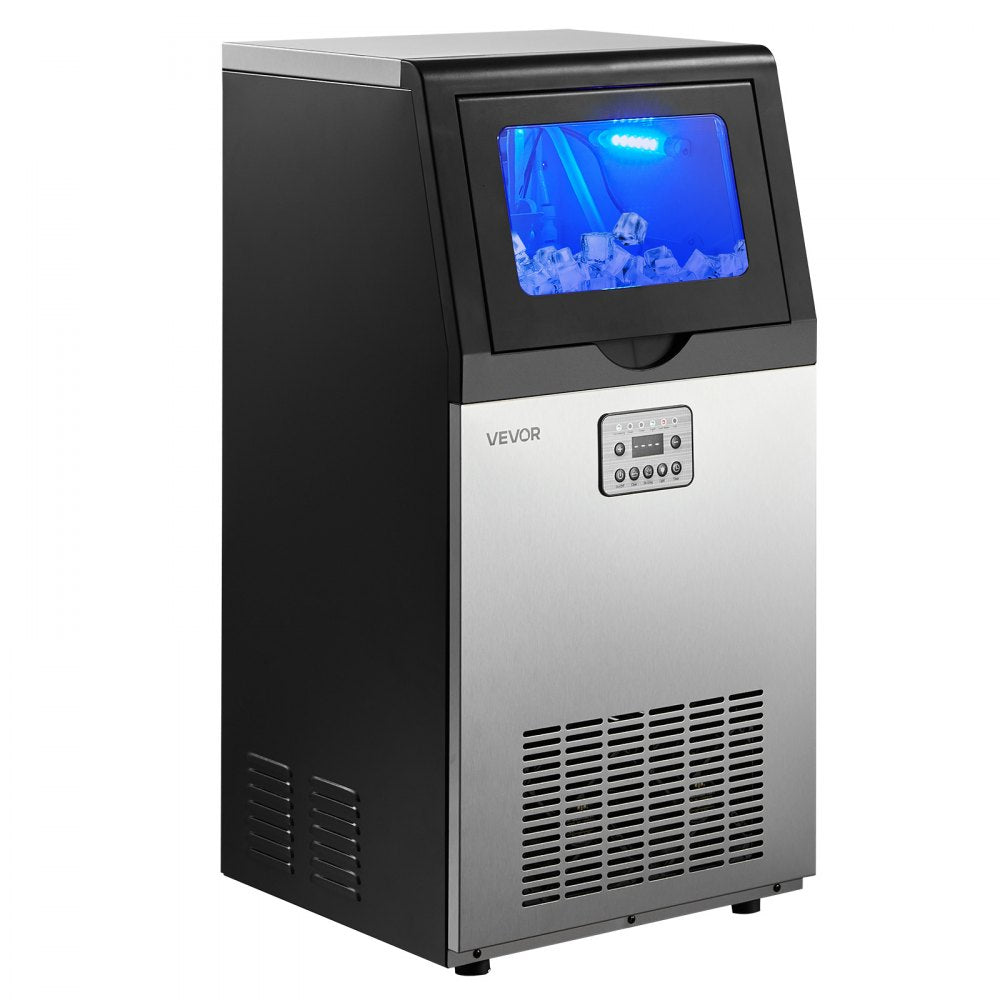 VEVOR Commercial Ice Maker Machine with Pump, 100 lbs/24h with 30 lbs Storage Capacity, Built-in/Freestanding/Under Counter, Stainless Steel Ice Maker with LED Display & Self-Cleaning, for Home Bar