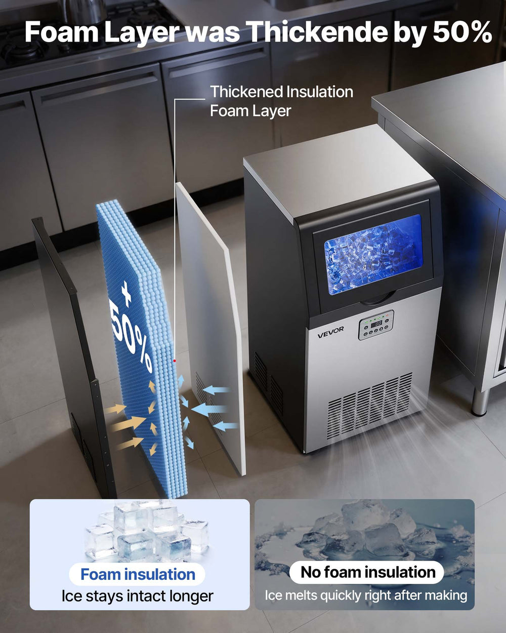 VEVOR Commercial Ice Maker Machine with Pump, 100 lbs/24h with 30 lbs Storage Capacity, Built-in/Freestanding/Under Counter, Stainless Steel Ice Maker with LED Display & Self-Cleaning, for Home Bar