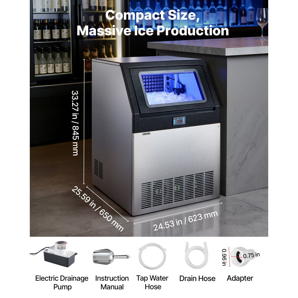 VEVOR Commercial Ice Maker Machine with Pump, 265 lbs/24h with 85 lbs Storage Capacity, Built-in/Freestanding/Under Counter, Stainless Steel Ice Maker with LED Display & Self-Cleaning, for Home Bar
