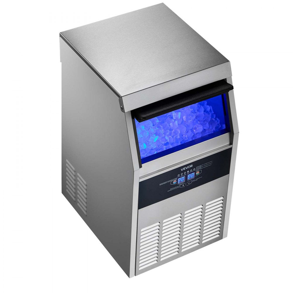 VEVOR Commercial Ice Maker Machine with Pump, 130 lbs/24h with 30 lbs Storage Capacity, Built-in/Freestanding/Under Counter, Stainless Steel Ice Maker with LED Display & Self-Cleaning, for Home Bar