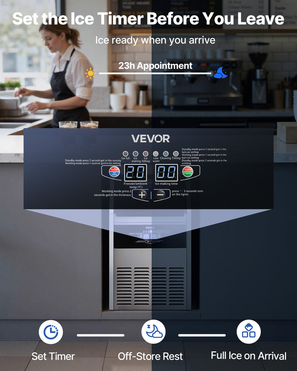 VEVOR Commercial Ice Maker Machine with Pump, 130 lbs/24h with 30 lbs Storage Capacity, Built-in/Freestanding/Under Counter, Stainless Steel Ice Maker with LED Display & Self-Cleaning, for Home Bar