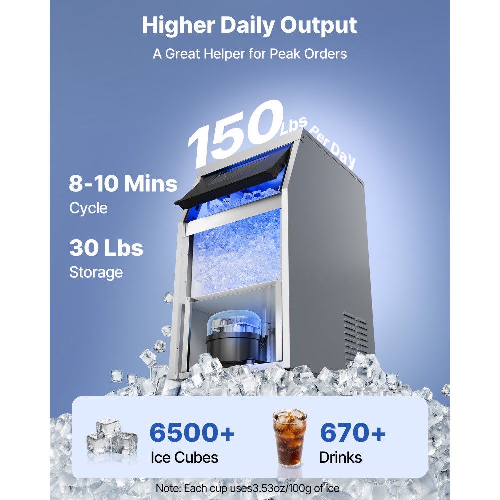 VEVOR Commercial Ice Maker Machine with Pump, 150 lbs/24h with 30 lbs Storage Capacity, Built-in/Freestanding/Under Counter, Stainless Steel Ice Maker with LED Display & Self-Cleaning, for Home Bar
