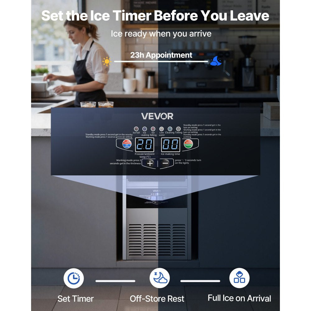 VEVOR Commercial Ice Maker Machine with Pump, 150 lbs/24h with 30 lbs Storage Capacity, Built-in/Freestanding/Under Counter, Stainless Steel Ice Maker with LED Display & Self-Cleaning, for Home Bar