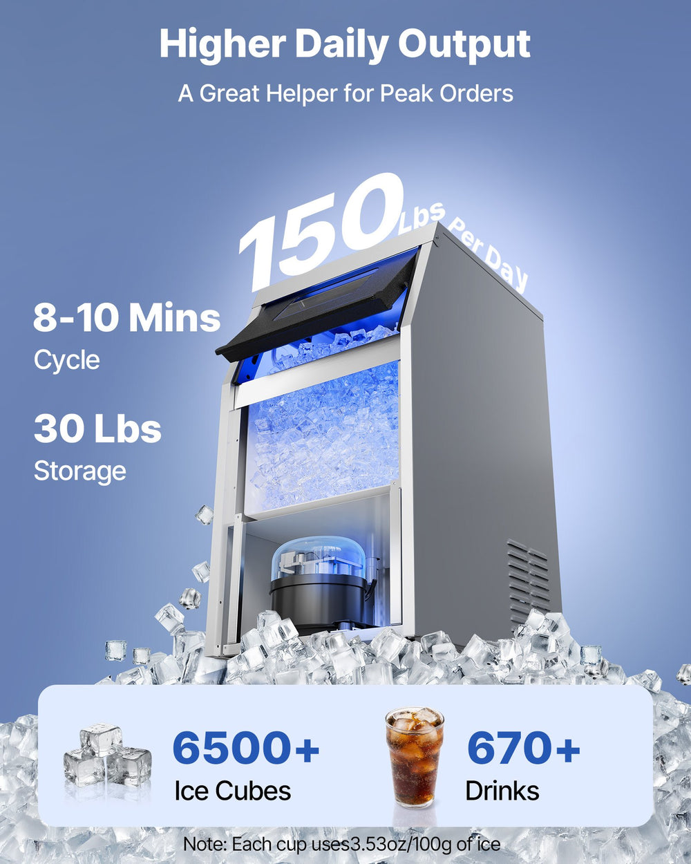 VEVOR Commercial Ice Maker Machine with Pump, 150 lbs/24h with 30 lbs Storage Capacity, Built-in/Freestanding/Under Counter, Stainless Steel Ice Maker with LED Display & Self-Cleaning, for Home Bar