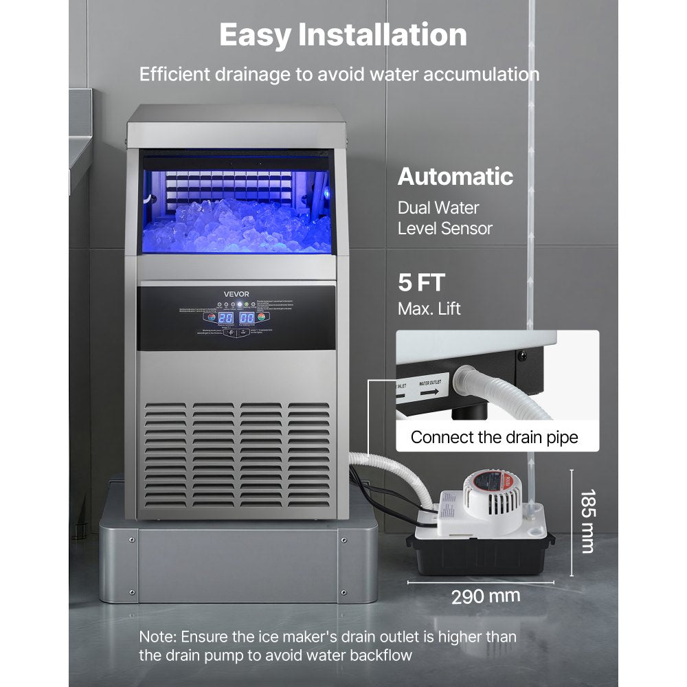 VEVOR Commercial Ice Maker Machine with Pump, 160 lbs/24h with 30 lbs Storage Capacity, Built-in/Freestanding/Under Counter, Stainless Steel Ice Maker with LED Display & Self-Cleaning, for Home Bar