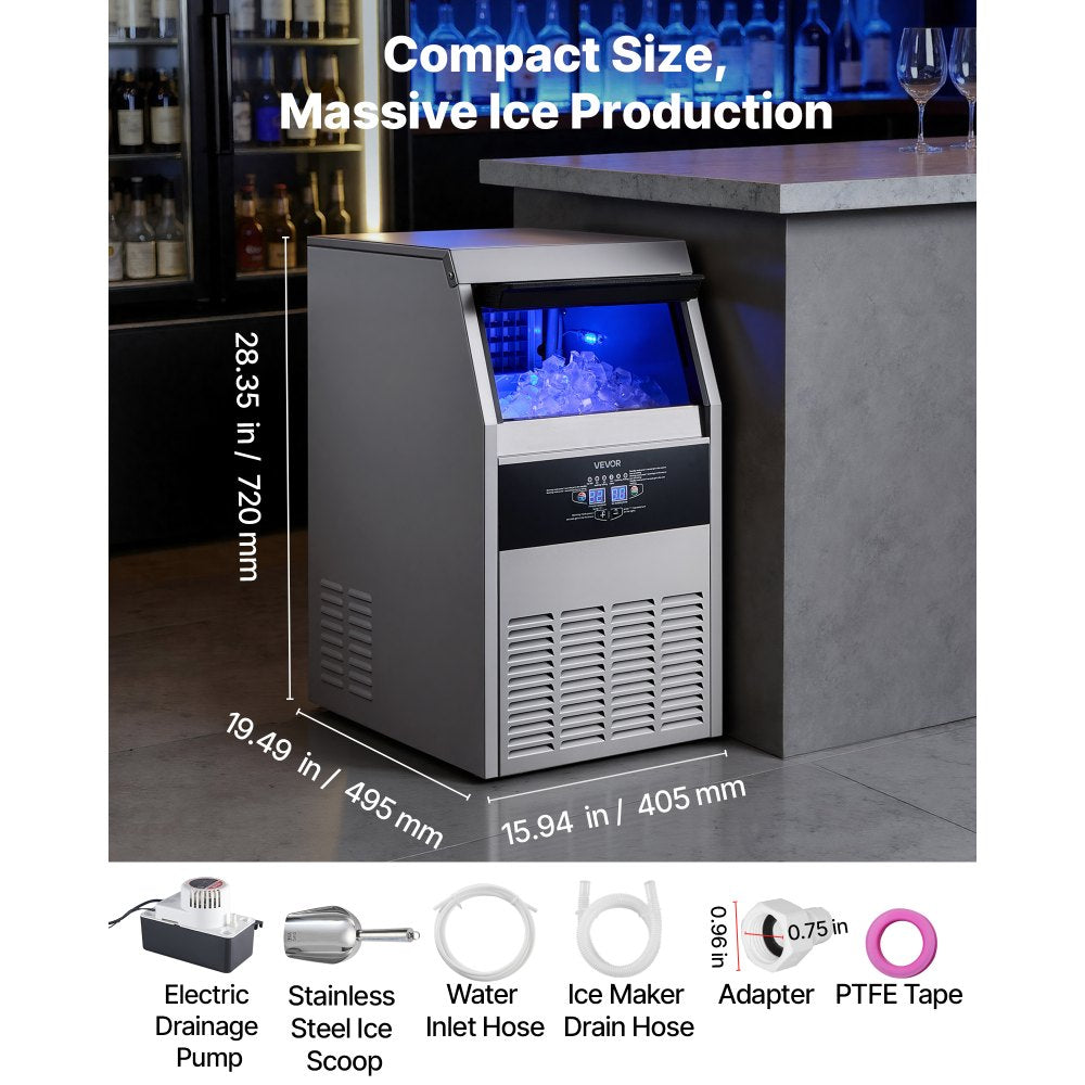 VEVOR Commercial Ice Maker Machine with Pump, 160 lbs/24h with 30 lbs Storage Capacity, Built-in/Freestanding/Under Counter, Stainless Steel Ice Maker with LED Display & Self-Cleaning, for Home Bar